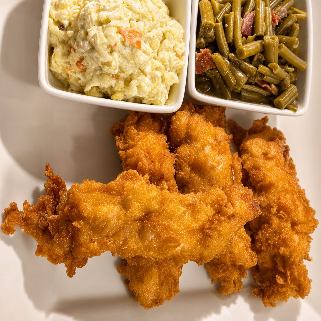 Hand Breaded Chicken Tenders.