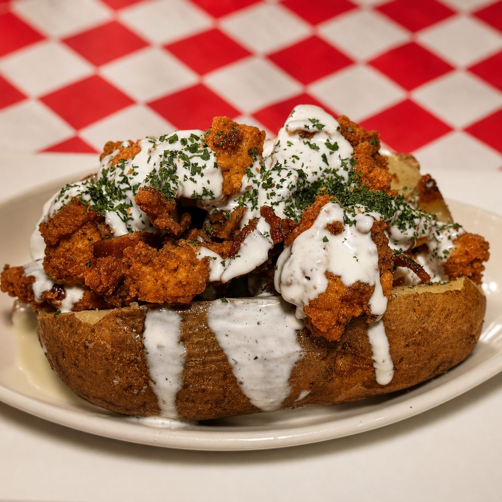 Bacon, Popcorn Chicken, & Ranch Stuffed Potato.